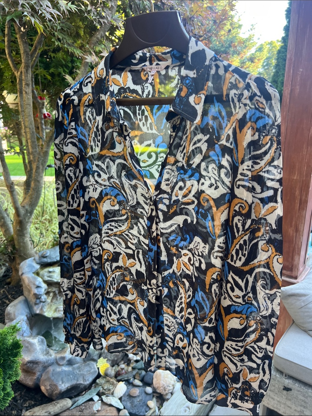 ESQUALO Black Button-Down Shirt with Blue, White & Brown Abstract Floral Print